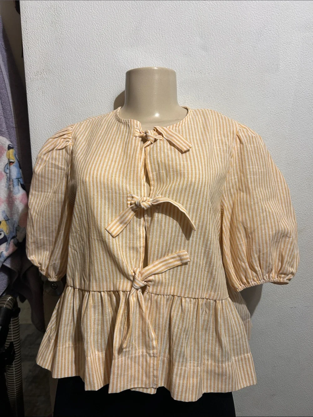 SHEIN Yellow Striped Tie-Front Puff Sleeve Blouse - Picture 1 of 7